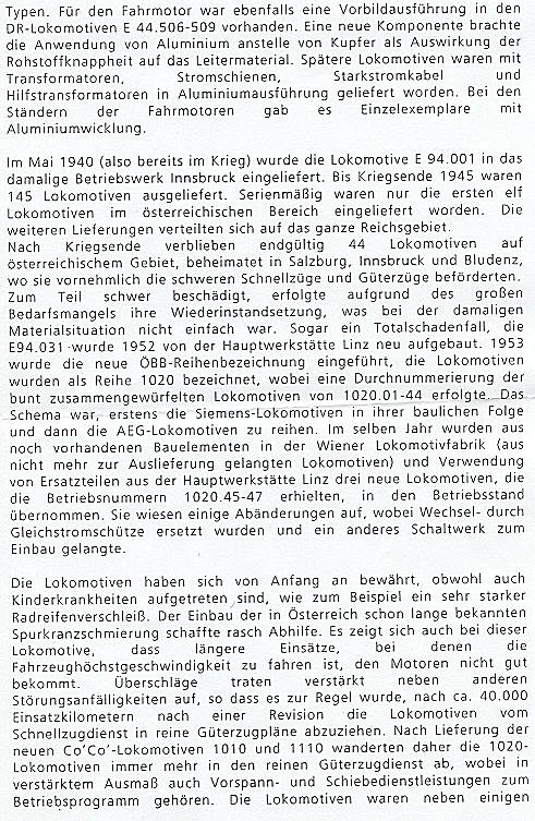 ÖBB - Elektrolokomotive 1020 - Textbeschreibung