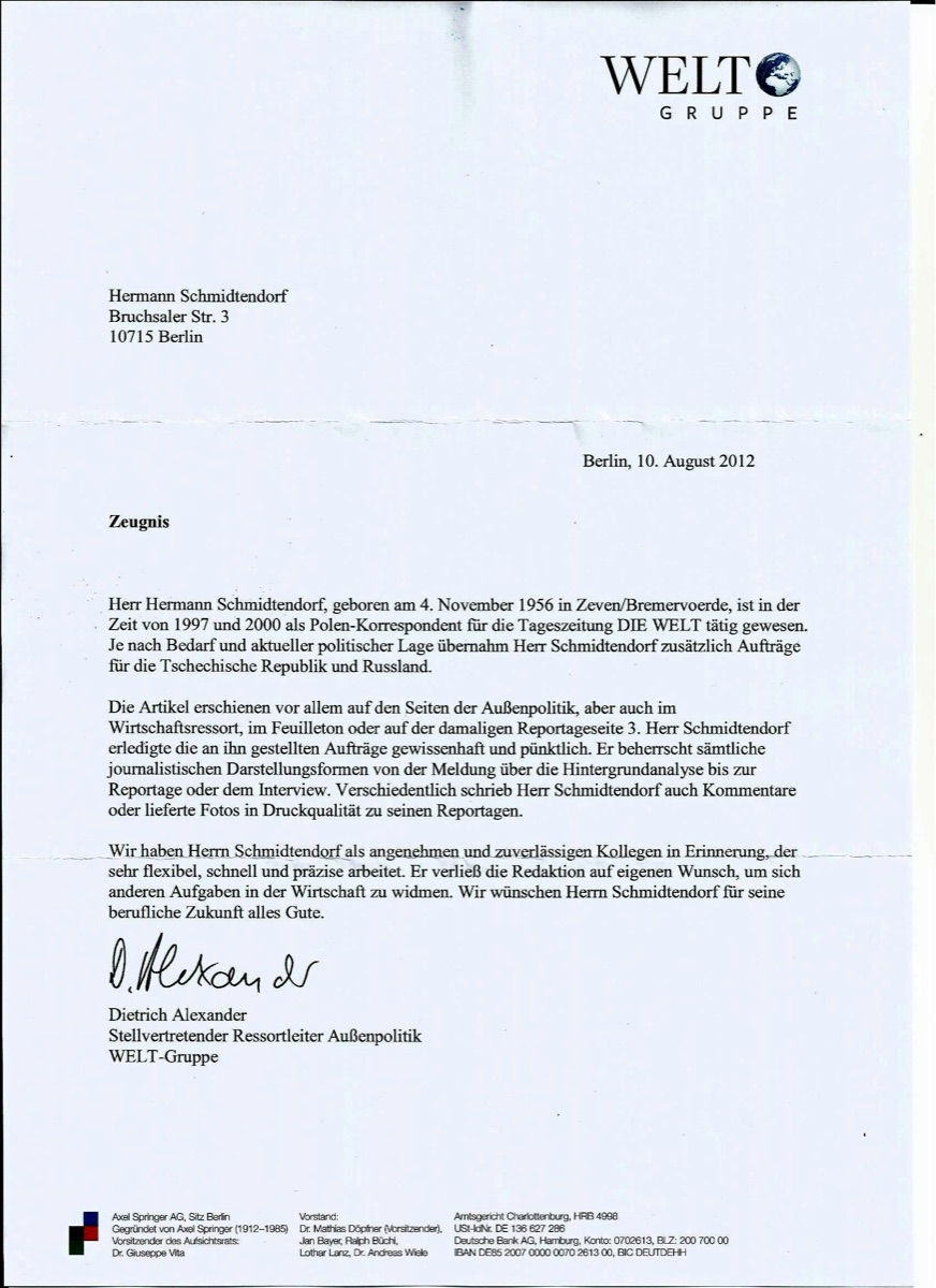 Zeugnis der WELT-Gruppe für Hermann Schmidtendorf